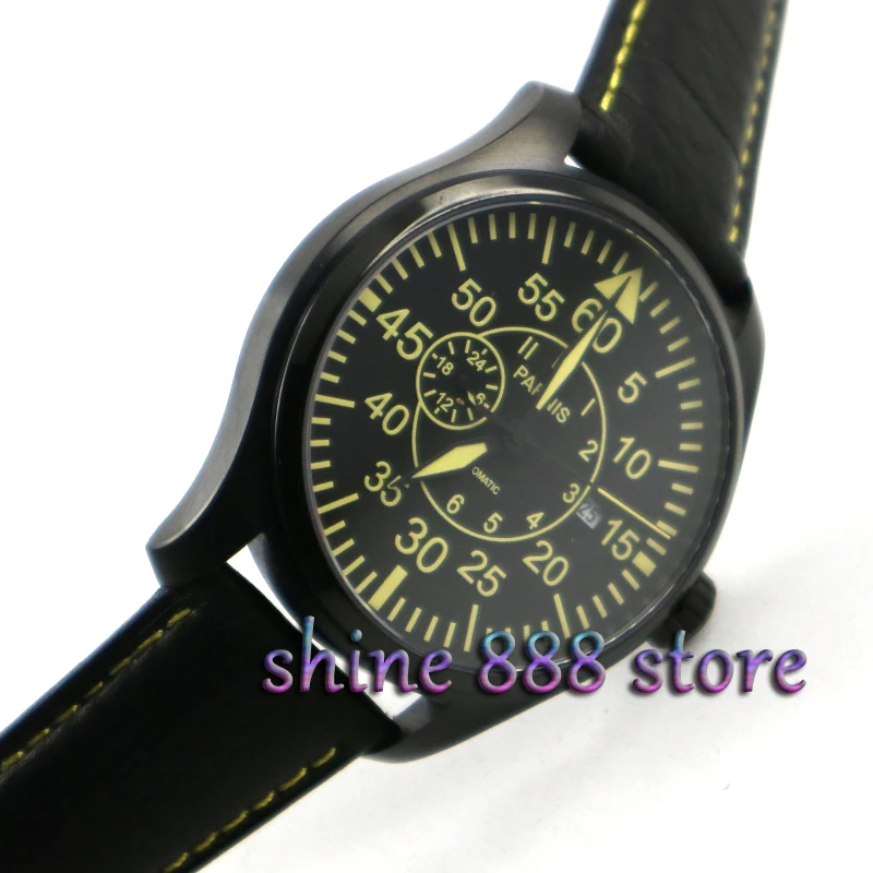44mm Parnis Sport Watch Men Automatic Black Pvd Case Yellow Number Mechanical Automtic Miyota Movement Watches
44mm Parnis Sport Watch Men Automatic Black Pvd Case Yellow Number Mechanical Automtic Miyota Movement Watches