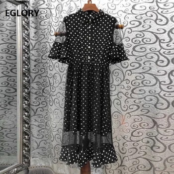 Runway Dress 2019 Summer Fashion Style Women Turn-down Collar Polka Dot Print Sexy Sheer Mesh Patchwork Mid-Calf Black Dress
Runway Dress 2019 Summer Fashion Style Women Turn-down Collar Polka Dot Print Sexy Sheer Mesh Patchwork Mid-Calf Black Dress