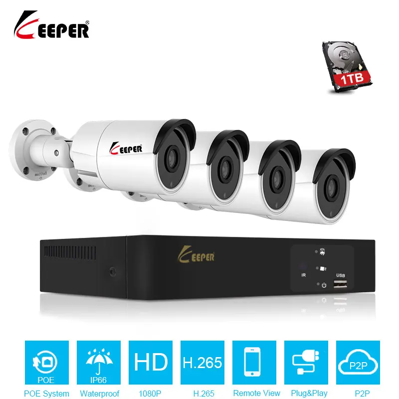 

Keeper H.265 4CH 2MP POE NVR CCTV System 4PCS Outdoor Waterproof POE IP Camera P2P Cloud Onvif Email Alert Surveillance System 4