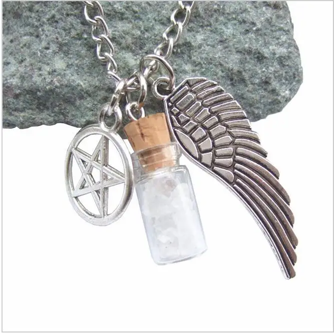 Silver Tone Supernatural Protection Necklace Angel Wing Pentagram With Salt Bottle Pendant Chain Necklace
Silver Tone Supernatural Protection Necklace Angel Wing Pentagram With Salt Bottle Pendant Chain Necklace