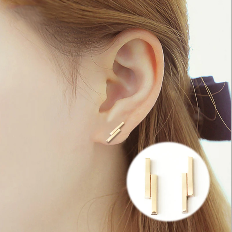 1Pair Fashion Double Bar Earrings Jewelry Simple Copper Studs Earring For Kids Men Women Gift | Украшения и аксессуары