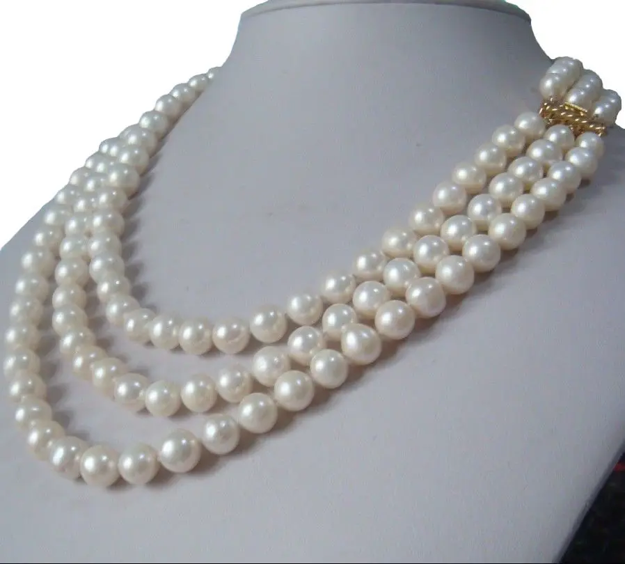 

Hot sale new Style >>>>>3 row strands natural 9-10mm akoya white pearl necklace 18"19"20" 14K gold clasp