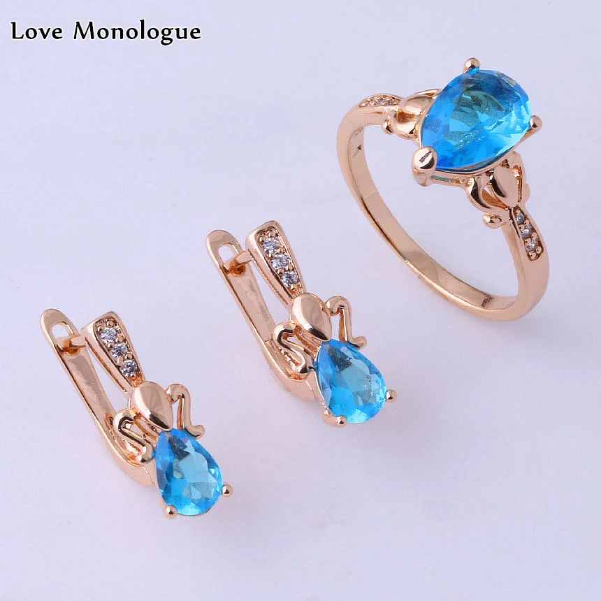 Love Monologue Top Quality Blue Sky Crystal Cubic Zirconia Gold Color Ring & Stud Earring Water Drop Jewelry Sets X0222
Love Monologue Top Quality Blue Sky Crystal Cubic Zirconia Gold Color Ring & Stud Earring Water Drop Jewelry Sets X0222