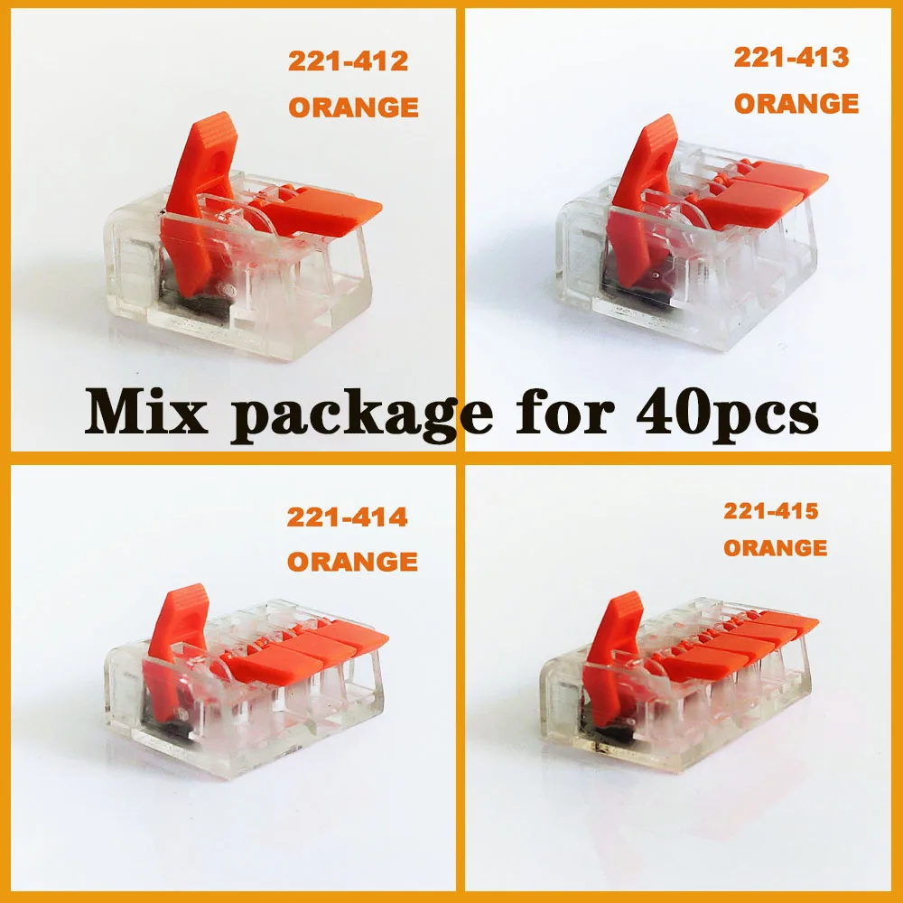 Mix package 221-412 413 415 WAGO type fast wire Connectors 40pcs/lot Universal Compact Wiring Connector push-in Terminal Block
Mix package 221-412 413 415 WAGO type fast wire Connectors 40pcs/lot Universal Compact Wiring Connector push-in Terminal Block