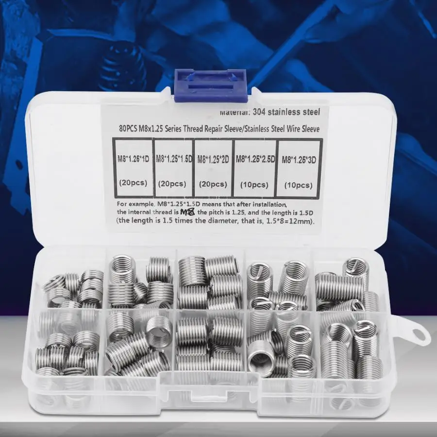 80PCS M8*1.25 Stainless Steel Coiled Wire Helical Screw Threaded Inserts Set fasteners helicoil thread repair for woodworking
80PCS M8*1.25 Stainless Steel Coiled Wire Helical Screw Threaded Inserts Set fasteners helicoil thread repair for woodworking