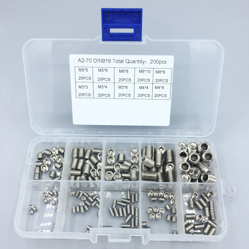 200PCS DIN916 M3 M4 M5 M6 Allen Head Socket Hex Grub Screw Set Assortment Kit with Internal Hex Drive and Cup Point
200PCS DIN916 M3 M4 M5 M6 Allen Head Socket Hex Grub Screw Set Assortment Kit with Internal Hex Drive and Cup Point