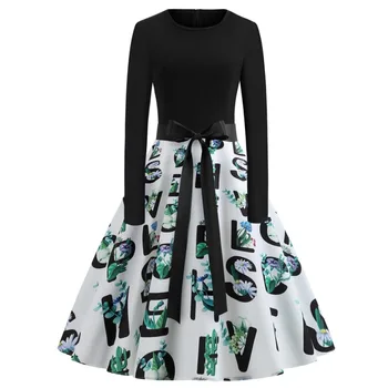 Retro Women's Round Neck Long Sleeve Contrast Letter Print Elastic Waist Dress party dress
Retro Women's Round Neck Long Sleeve Contrast Letter Print Elastic Waist Dress party dress