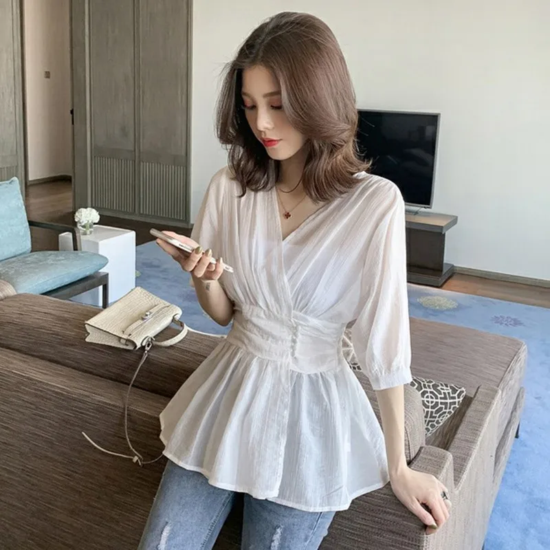 2019 Women's Summer Fashion Simple Solid V-Neck Short Sleeve Nipped Waist Pullover Chiffon Blouse
2019 Women's Summer Fashion Simple Solid V-Neck Short Sleeve Nipped Waist Pullover Chiffon Blouse