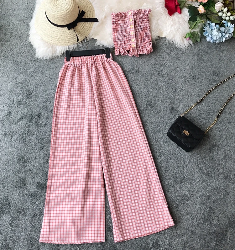 Women Sexy Slimming Plaid Vest Short Crop Tops + High Waist Wide Leg Trousers Two Piece Sets G639
Women Sexy Slimming Plaid Vest Short Crop Tops + High Waist Wide Leg Trousers Two Piece Sets G639