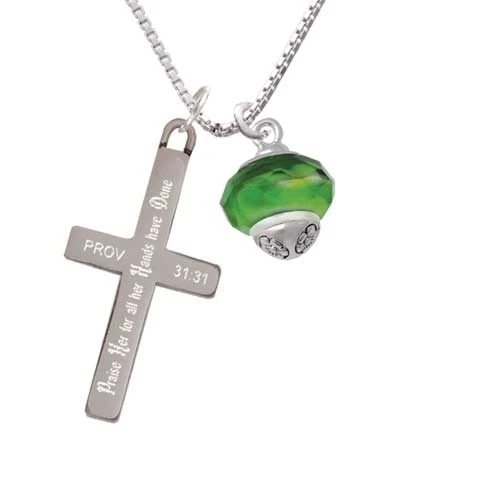 Green & Yellow Faceted Glass Spinner - Praise Her - Cross Necklace (1)