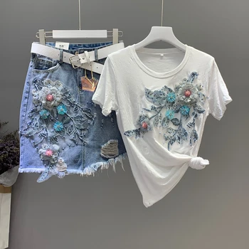 2019 Summer New Women Outfits Two Piece Suit Heavy Industry Beading Hole Cowboy Bag Hip Skirt with Appliques Cotton T-shirts Set
2019 Summer New Women Outfits Two Piece Suit Heavy Industry Beading Hole Cowboy Bag Hip Skirt with Appliques Cotton T-shirts Set