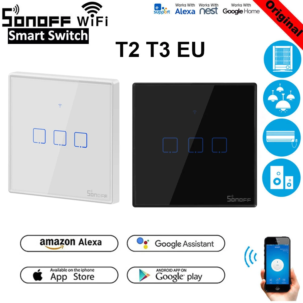 Sonoff T1 EU T2 T3 Smart Wifi Wall Light Switch Touch/WiFi/RF/APP Remote Smart Home Wall Touch Switch with Alexa Google Home
Sonoff T1 EU T2 T3 Smart Wifi Wall Light Switch Touch/WiFi/RF/APP Remote Smart Home Wall Touch Switch with Alexa Google Home