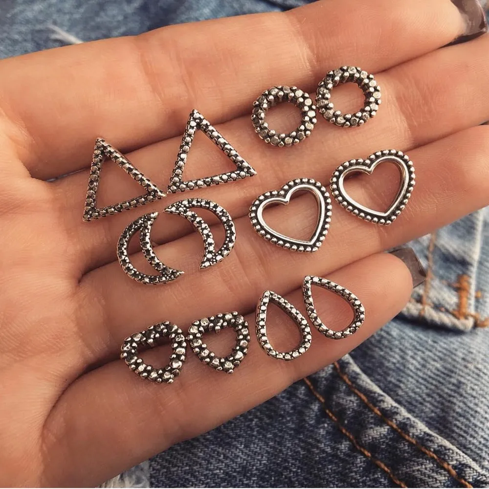 Modern Pop Earrings Silver Small Bohemian Style Heart Shaped Water Drop Shape Moon Shape Triangle Round Cutout Earrings B421
Modern Pop Earrings Silver Small Bohemian Style Heart Shaped Water Drop Shape Moon Shape Triangle Round Cutout Earrings B421