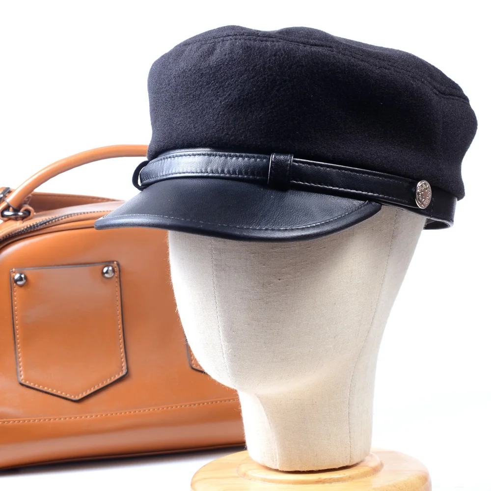 

Women's Men's Genuine Leather&Woolen Black Military Beret Service Cap Newsboy jazz/Navy/flat/Army cap/hat