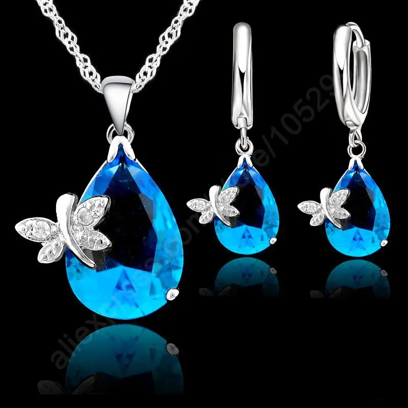 

Hot Jewelry Sets Real Fine 925 Sterling Silver Austrian Crystal Butterfly Drop CZ Pendant Necklace LeverBack Hoop Earrings