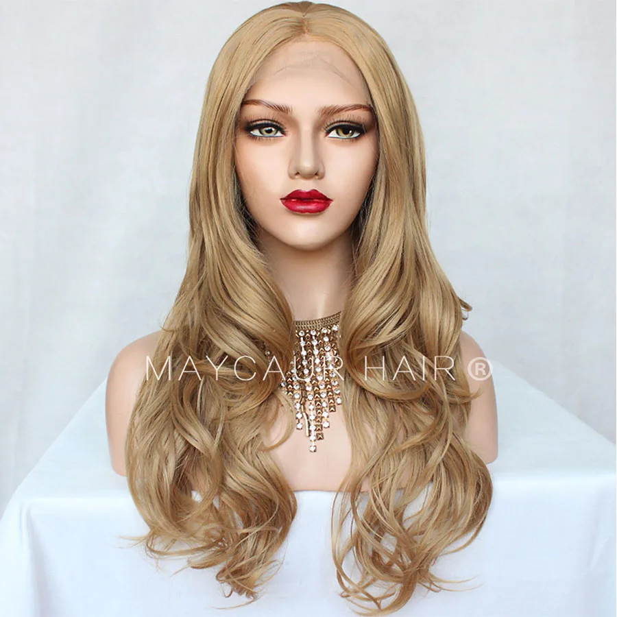 Maycaur Golden Hair Long Wavy Wig Natural Hairline Synthetic Lace Front Wigs for Fashion Women Glueless Lace Wigs (3)