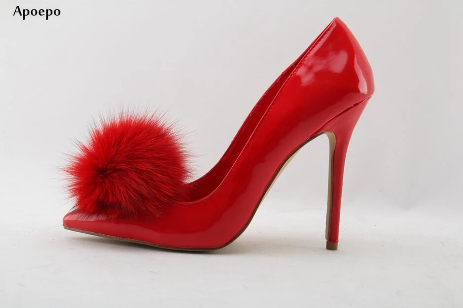 

New Hot Selling Red Patent Leather High Heel Shoes 2018 Sexy Pointed Toe Fur Pom-pom Stiletto Heels Woman Dress Pumps