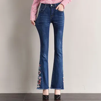 Casual jeans denim embroidery flare pants for women plus size slimming autumn spring high waist capris female new yqy0812 
Casual jeans denim embroidery flare pants for women plus size slimming autumn spring high waist capris female new yqy0812
