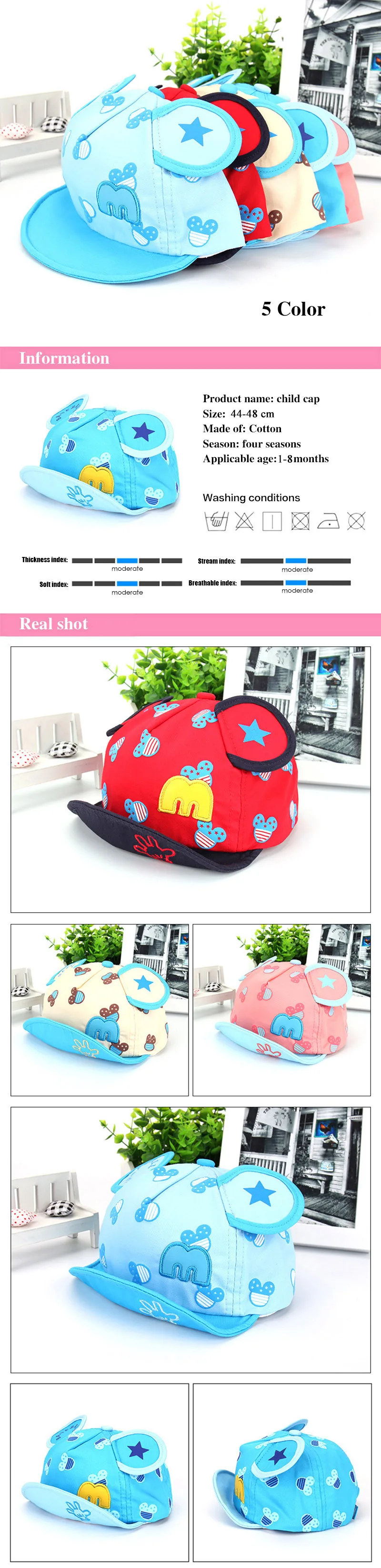 Star Print Baby Hats Mouse Cotton Boys Girls Caps Summer Sun Baby Cap For Boys Breathable M Baby Caps With Ear Photography Props (5)