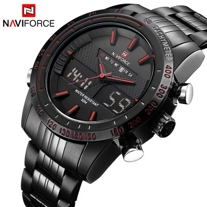 

NAVIFORCE Brand Mens 30M Waterproof Sport Watch Men Stainless Steel Analog Digital LED Watches Dual Time Clock Relogio Masculino