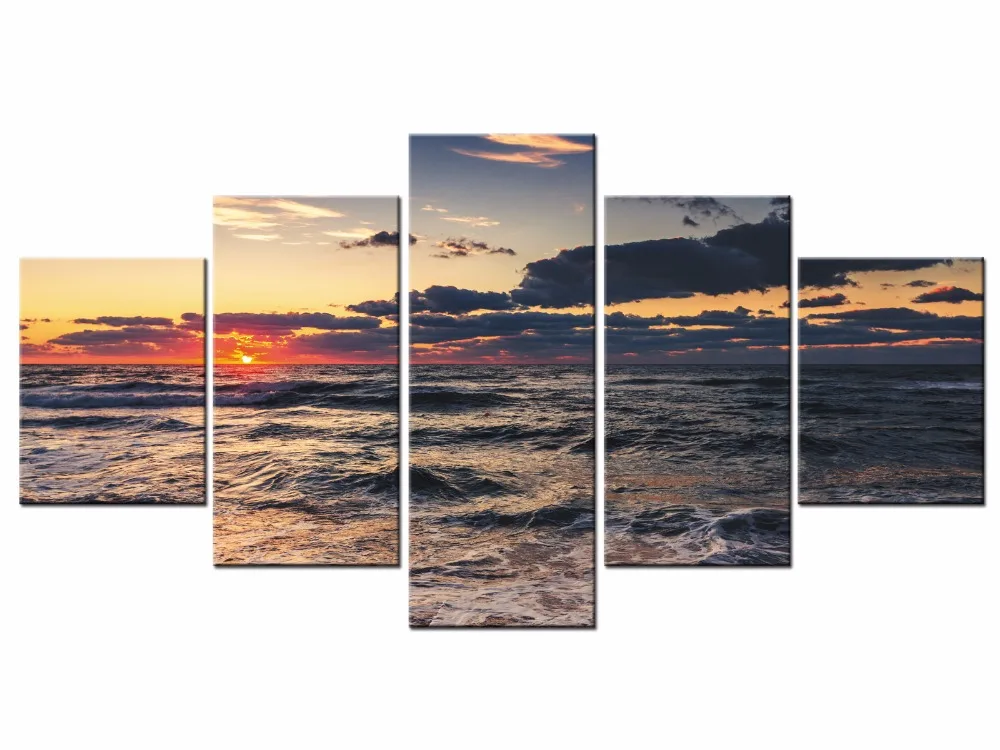 

5 Pieces Set Canvas Wall Art Sea Waves Beach Sunset Seascape Painting Picture for Living Room Home Decor Framed J009-038