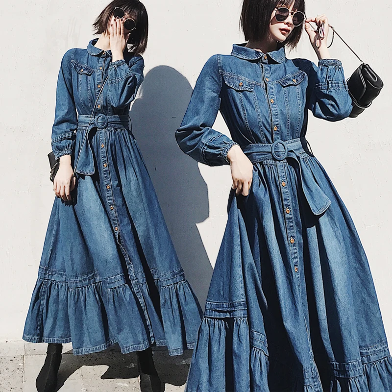 2019 Runway Spring Autumn Denim Dress Female Button Ruffle Long Maxi Swing Shirt Jeans Denim Dress with Belt
2019 Runway Spring Autumn Denim Dress Female Button Ruffle Long Maxi Swing Shirt Jeans Denim Dress with Belt