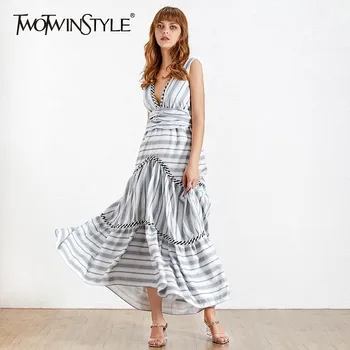 TWOTWINSTYLE Sleeveless Striped Women Dress Off Shoulder Backless V Neck High Waist Bandage Ankle Length Dresses Female Summer
TWOTWINSTYLE Sleeveless Striped Women Dress Off Shoulder Backless V Neck High Waist Bandage Ankle Length Dresses Female Summer