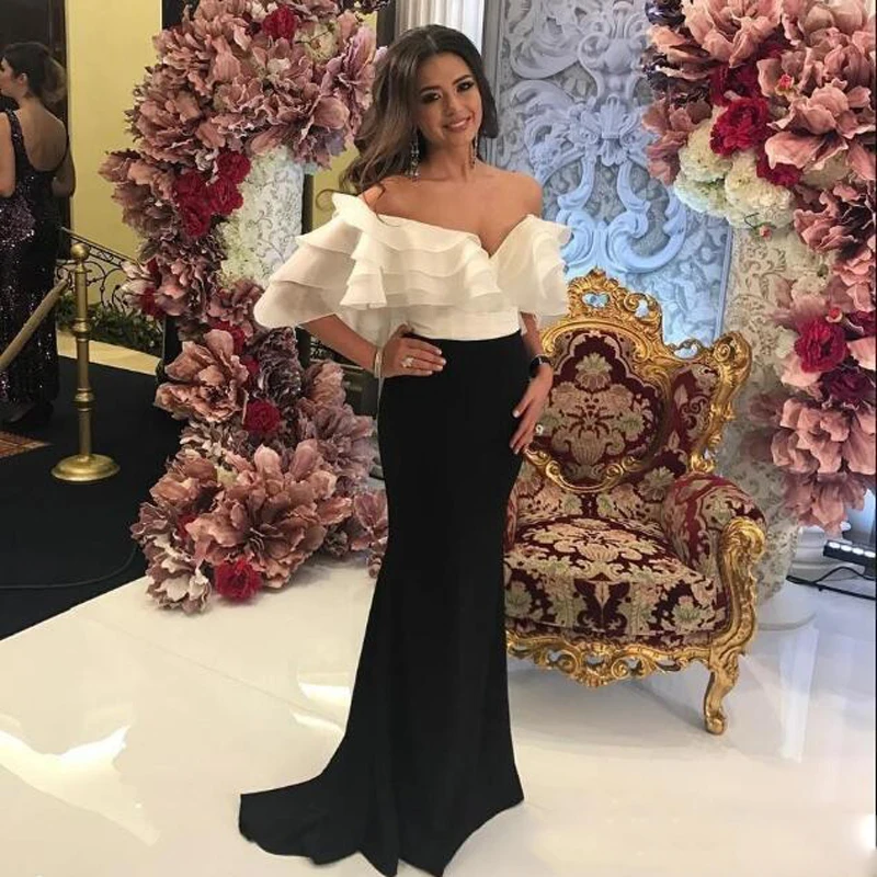 Cheap White and Black Sexy Evening Dresses Formal Poet Prom Dresses with Off-Shoulder Sleeveless Sweep Train Organza Tiered Ruffles Custom99