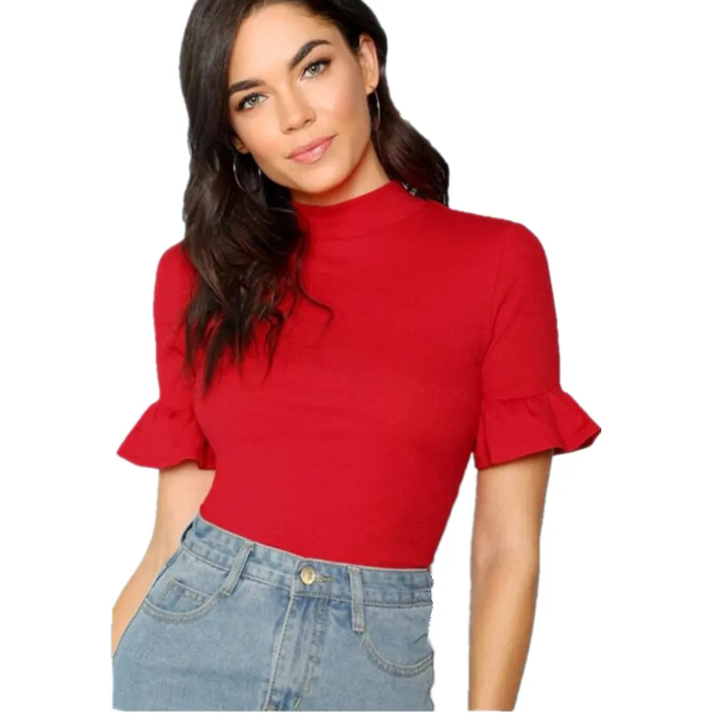 Spring Tops Women Stand Collar Flare Sleeve Cotton T-shirt Female Solid Slim T-shirts Lady Short Sleeve Sexy Red Tshirt
Spring Tops Women Stand Collar Flare Sleeve Cotton T-shirt Female Solid Slim T-shirts Lady Short Sleeve Sexy Red Tshirt