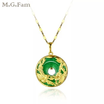 

M.G.Fam Dragon and Phoenix Pendant Necklace For Women Green Rhinestone China Ancient Mascot Pure Gold Color with 45cm Chain