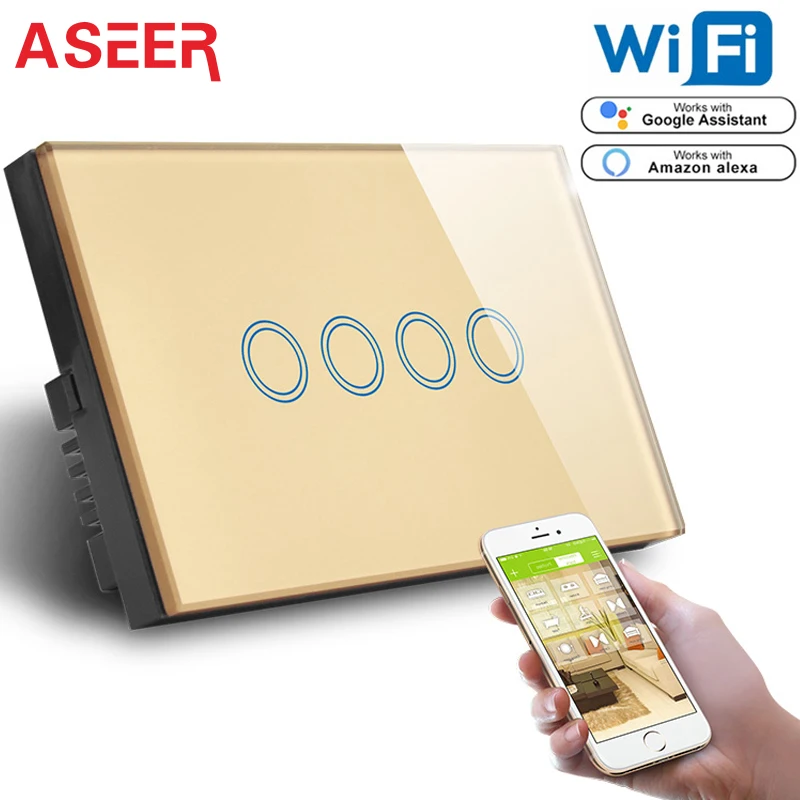 ASEER US Standard 4 Gang WIFI 2.4GHz Control Touch Switch,Gold Crystal Glass AC 110-240V,Support Alexa & Google Assistant Switch
ASEER US Standard 4 Gang WIFI 2.4GHz Control Touch Switch,Gold Crystal Glass AC 110-240V,Support Alexa & Google Assistant Switch