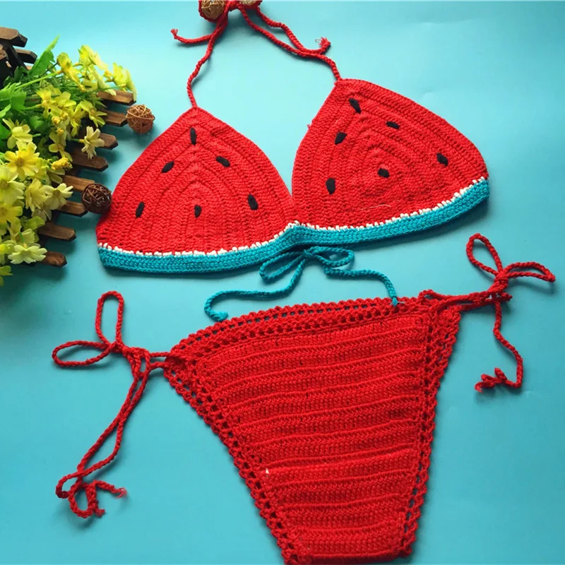 

Sexy women cotton knitted red watermelon rope crochet bottoms top bikini sets swimwear handmade swimsuit beach bathing suit
