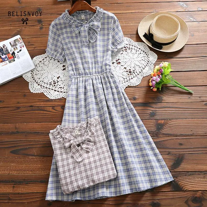 Mori Girl 2019 Summer Dresses Women Elegant Plaid Midi Dress Ruffled Bow Short Sleeve Vintage Vestidos Cotton Linen Casual Dress
Mori Girl 2019 Summer Dresses Women Elegant Plaid Midi Dress Ruffled Bow Short Sleeve Vintage Vestidos Cotton Linen Casual Dress