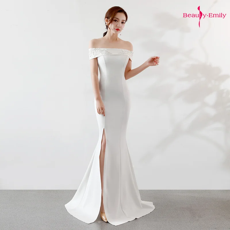 Beauty Emily Boat Neck White Evening Dresses Sleeveless High Split Ruched Mermaid Party Dress For Wedding vestido de festa longo
Beauty Emily Boat Neck White Evening Dresses Sleeveless High Split Ruched Mermaid Party Dress For Wedding vestido de festa longo