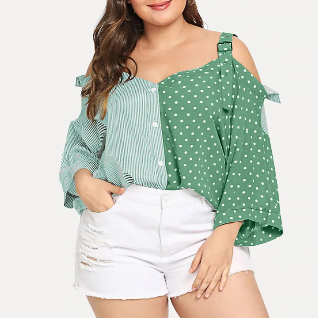Fashion Womens Plus Size One word collar Cold Shoulder Patchwork Striped Button T-shirt Summer Leisure Loose Short Sleeve Tops D
Fashion Womens Plus Size One word collar Cold Shoulder Patchwork Striped Button T-shirt Summer Leisure Loose Short Sleeve Tops D