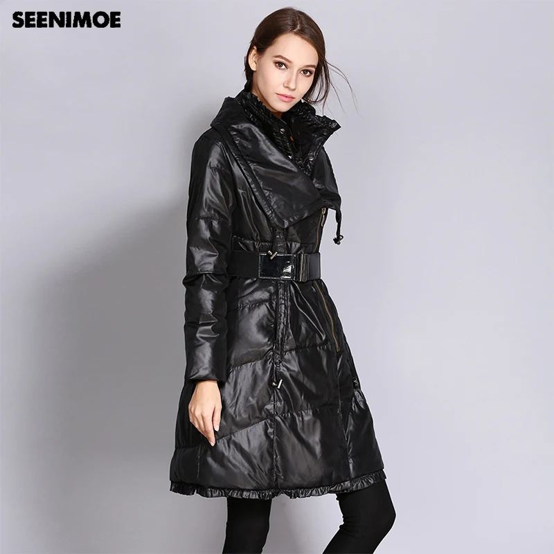 Женский зимний длинный пуховик Seenimoe 2019 теплый приталенный высококачественный в
