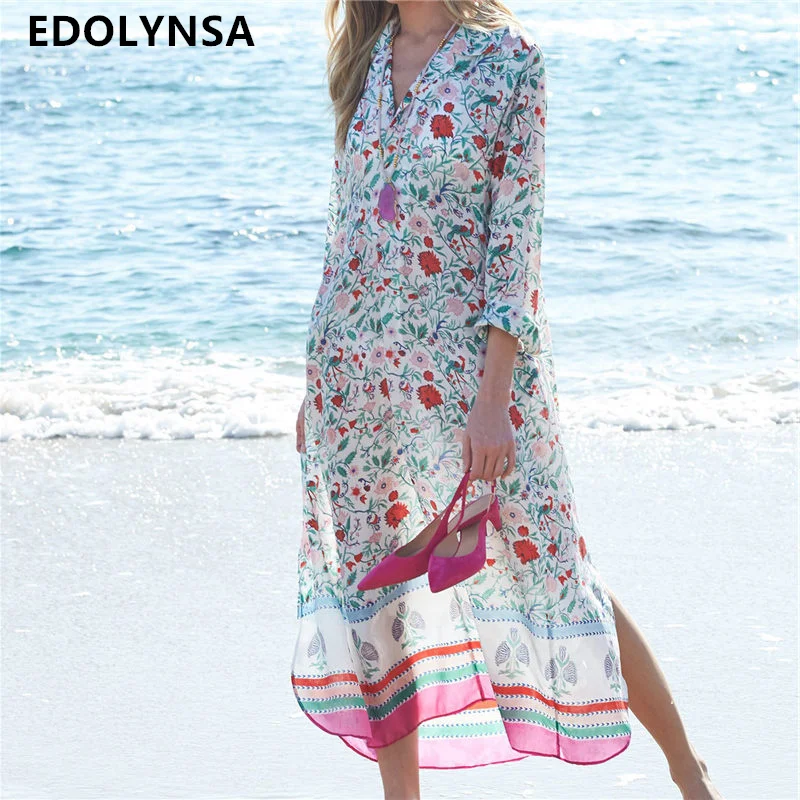 Boho Bohemian Floral Print Turn Down Collar Summer Tunic Beach Dress Long Sleeve V Neck Side Split Midi Dress Plus Size N585
Boho Bohemian Floral Print Turn Down Collar Summer Tunic Beach Dress Long Sleeve V Neck Side Split Midi Dress Plus Size N585