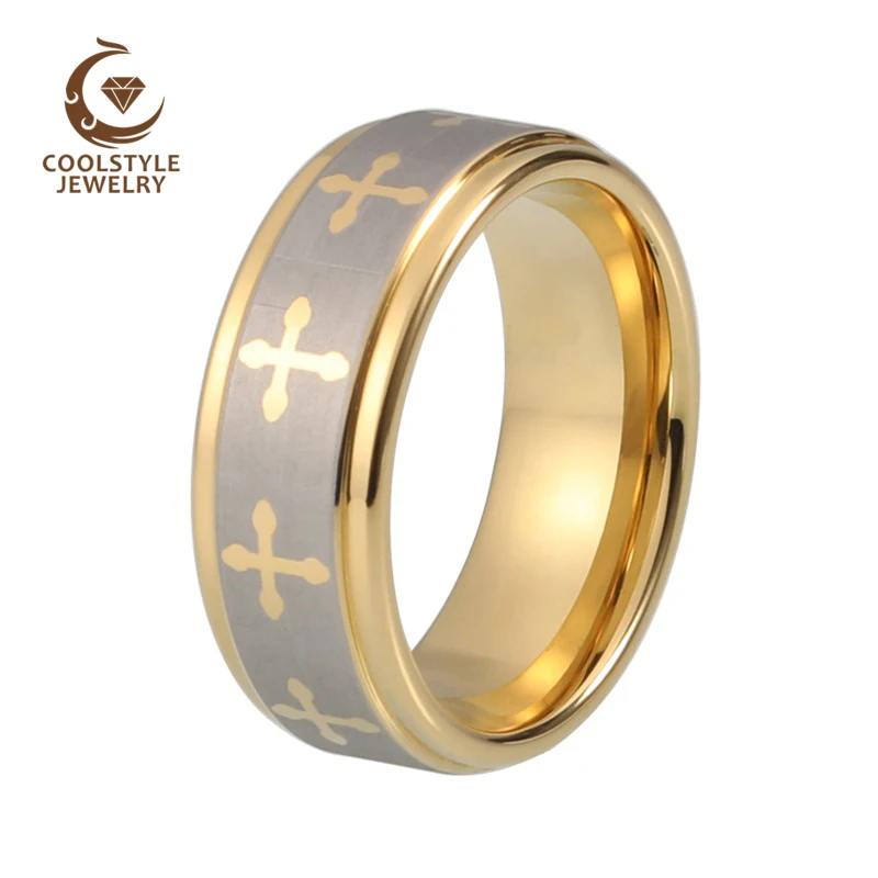 Фото Laser Engraving 8mm Brushed Polished Tungsten Carbide Ring Gold Color Comfort Fit Wedding Band | Украшения и аксессуары