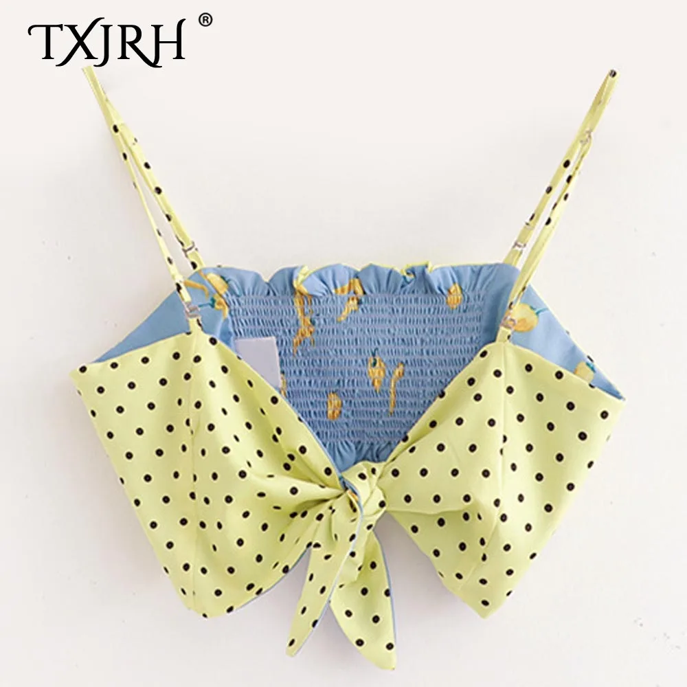 TXJRH Stylish Polka Dot Print Spaghetti Strap Backless Sleeveless Reversed Short Camis Bra Bustier Tee Crop Tied Bow Hem Tops
TXJRH Stylish Polka Dot Print Spaghetti Strap Backless Sleeveless Reversed Short Camis Bra Bustier Tee Crop Tied Bow Hem Tops