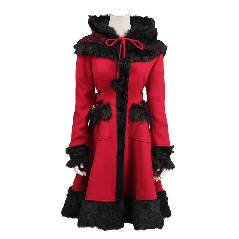 Фото Женское шерстяное пальто с капюшоном Красное длинное теплое длинным рукавом в