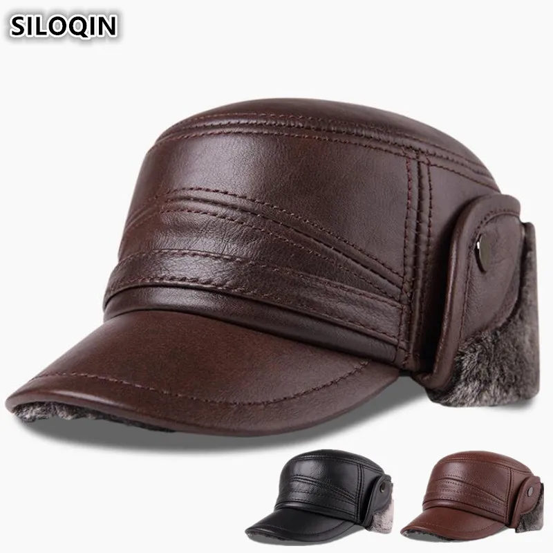 Мужская шапка SILOQIN теплая бархатная бейсболка из натуральной кожи с наушниками