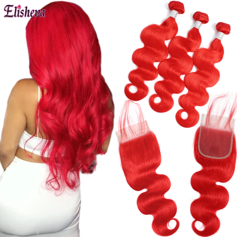 

Indian Body Wave Red Ombre Hair Bundles With Closure Remy Bright Vivid Red Human Hair Accessories With Baby Hair Hair Extentions