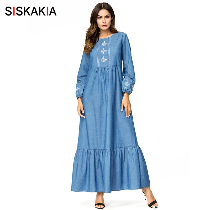Siskakia Denim Embroidered Swing Dress Fall 2018 Snowflake Embroidery Patchwork Muslim Dresses Autumn High Waist Draped Design
Siskakia Denim Embroidered Swing Dress Fall 2018 Snowflake Embroidery Patchwork Muslim Dresses Autumn High Waist Draped Design