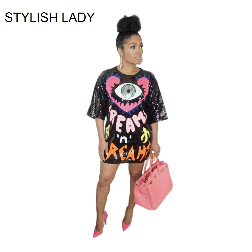 STYLISH LADY Eye Letter Printed Sequin Hip Hop Dress 2019 Summer Women Half Sleeve O Neck Shiny Club Party Mini T Shirt Dress
STYLISH LADY Eye Letter Printed Sequin Hip Hop Dress 2019 Summer Women Half Sleeve O Neck Shiny Club Party Mini T Shirt Dress