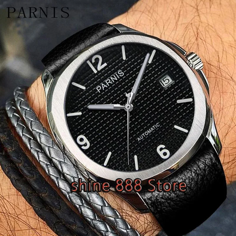 

40mm Parnis black dial Leather Strap Sapphire glass 21 jewels Miyota 821A automatic mens watch