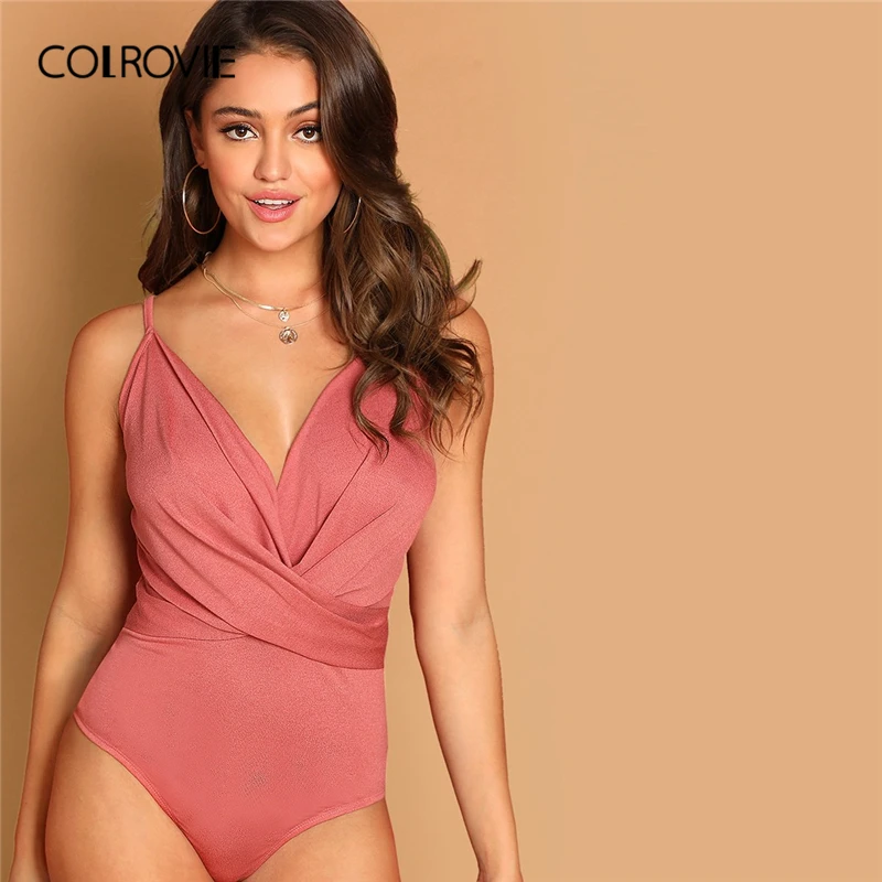 

COLROVIE Pink Solid Plunging Neck Cross Wrap Cami Sexy Bodysuit Women Clothes 2019 Spring Fashion Sleeveless Club Party Bodysuit