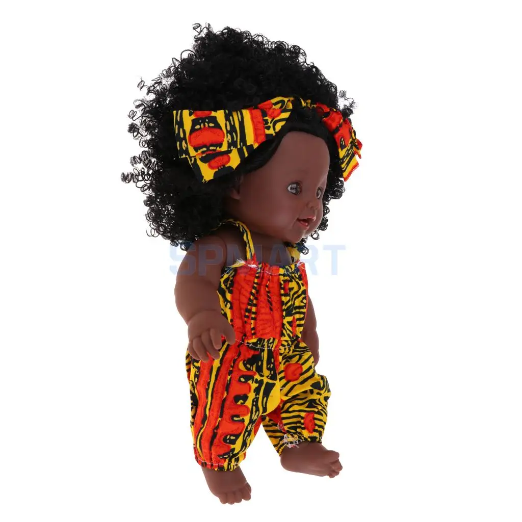 Realistic Vinyl Baby Girl Doll - Reborn 12inch African American Doll - Black Curly Hair Kids Birthday Gift Festival Present
