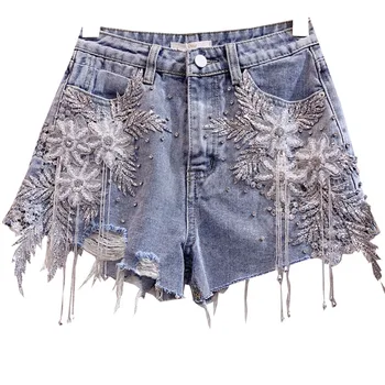 Lace flower beaded tassel hole denim shorts women summer fashion loose wide leg jeans shorts
Lace flower beaded tassel hole denim shorts women summer fashion loose wide leg jeans shorts