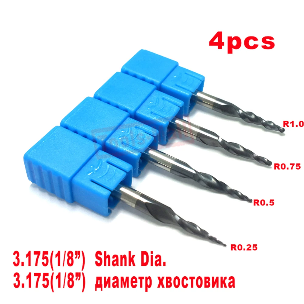 4 шт. концевые фрезы R0.25 0 5 75 и 1 мм с хвостовиком 1/8 дюйма|end mills|ball nose end millscarbide tapered