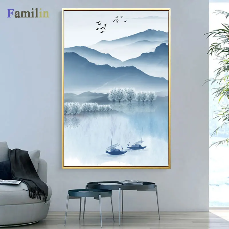 Картина на холсте в китайском стиле Sea n Mountain печатный плакат простое украшение